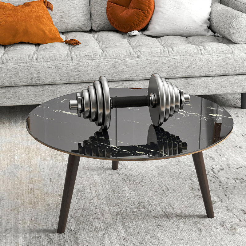 Plateau de table rond en verre trempé de 36 po avec motif en marbre, Noir, H 0,31 po x L 36 po x l 36 po