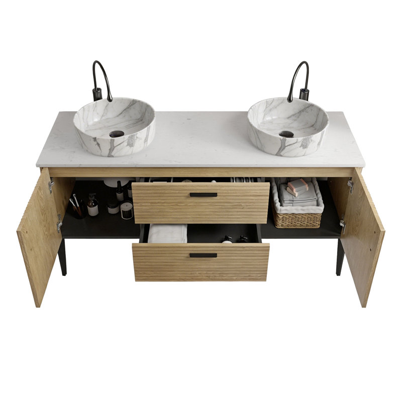 60" Double Bathroom Vanity with Engineered Stone Top & Ceramic Vessel Sinks, Carrara White