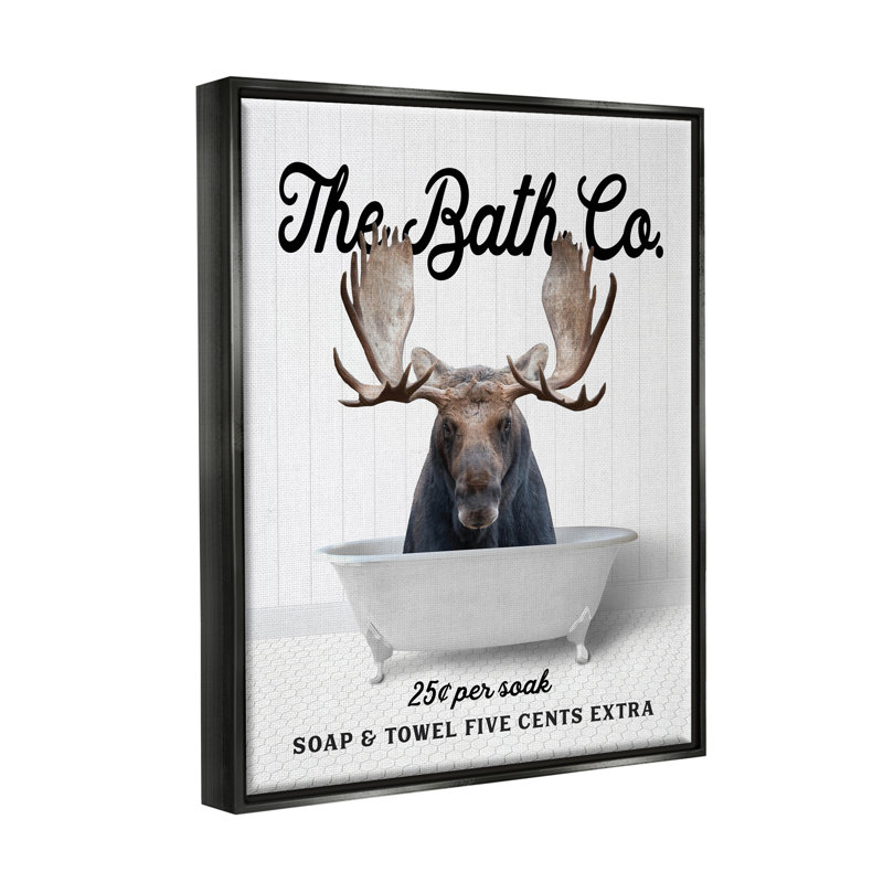 «Trinx Vintage Bath Ad Moose», art mural encadré sur toile flottante par lettré et doublé, Cadre flottant noir de jais