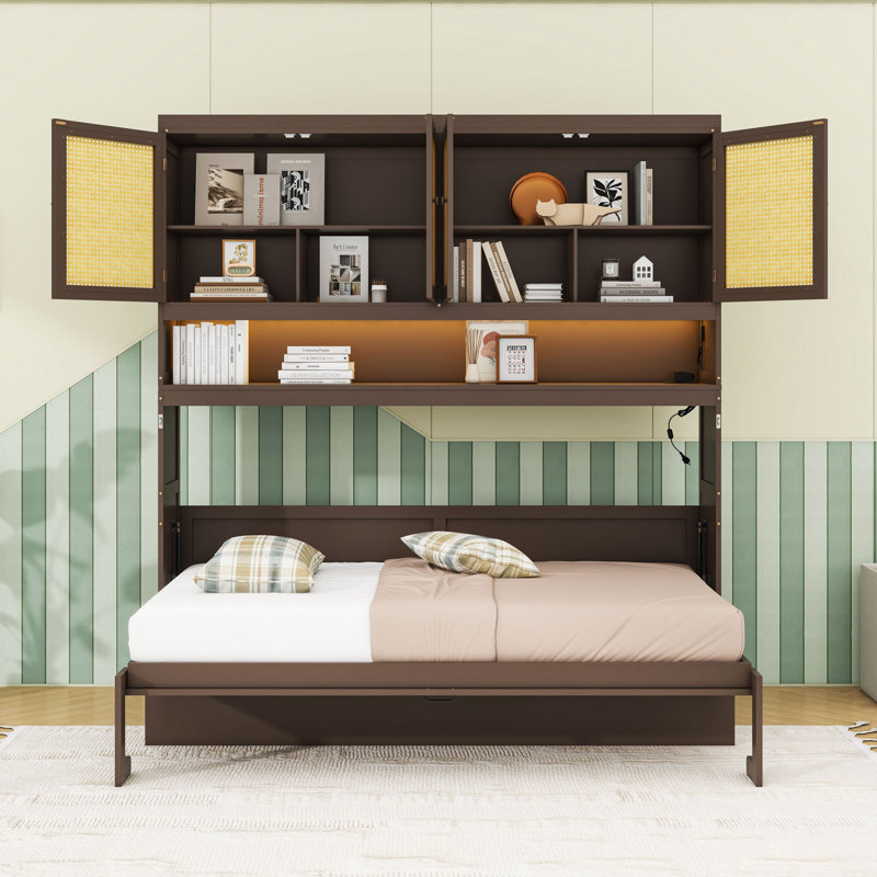 Lit escamotable simple avec lumière DEL et bureau intégré, tablettes, Espresso