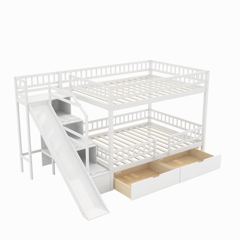 Lit superposé double en bois pleine grandeur avec escalier de rangement, glissière et 2 tiroirs, peu encombrant, blanc, White