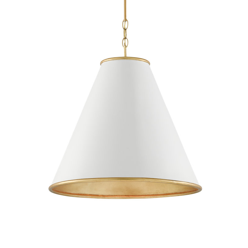 Luminaire suspendu conique 1 lumière, Blanc / Doré, H 22,5 po x l 22 po x P 22 po