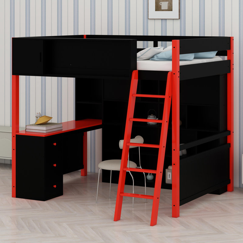 Lit mezzanine en bois avec bureau, Bleu