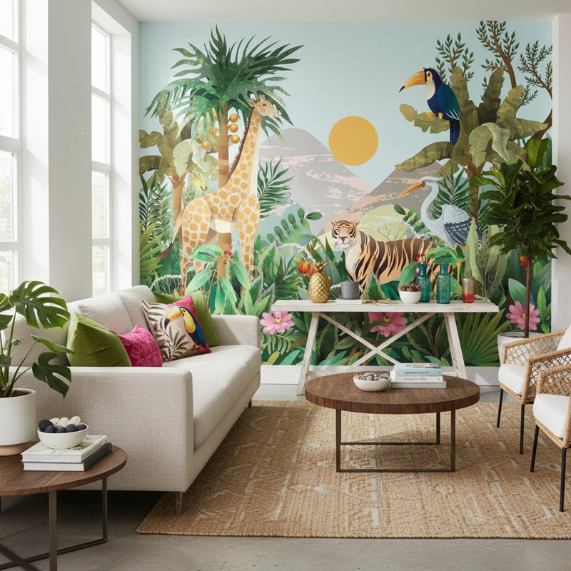 Papier peint animaux tropicaux Jungle Nature, 100 po x 96 po, Non tissé