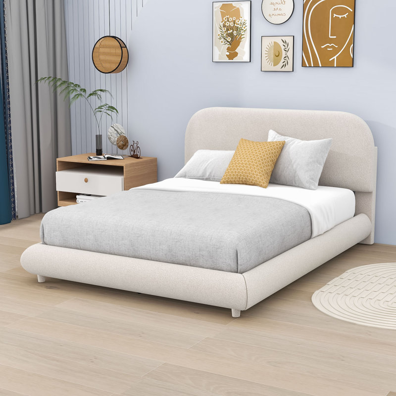 Lit plateforme tapissier Milenka avec tête de lit courbée, Beige, Double