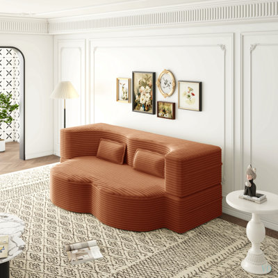 Modern Floor Sofa with 2 Pillows, Convertible Plush Corduroy Foam-Filled Sleeper Sofa Bed, 15" Full Size Folding Mattress for Living Room, Guest Bed, no assembly required