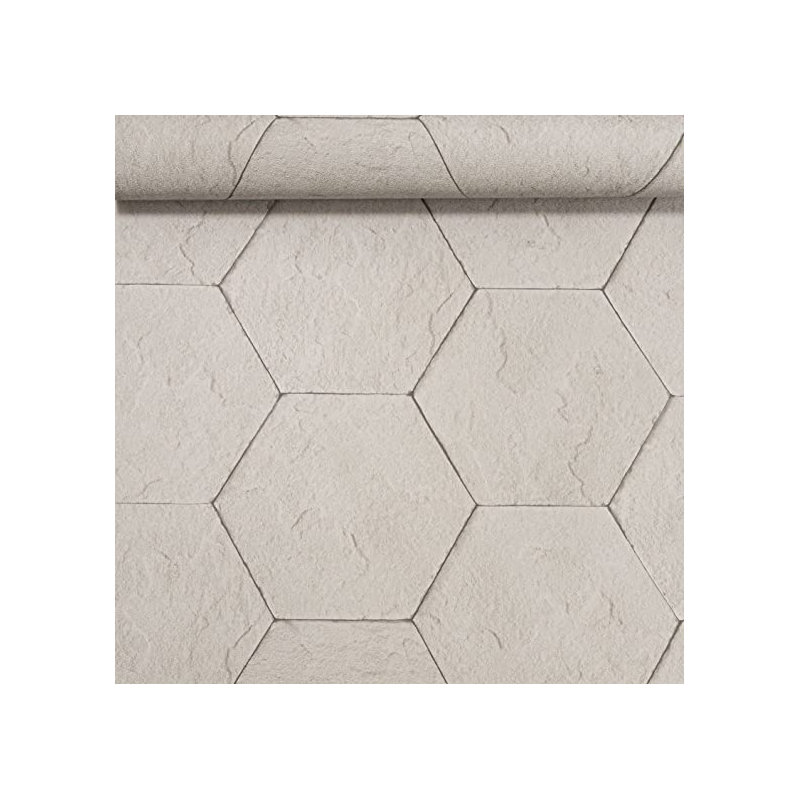 Hexagon Geometric Designer Wallpaper - Grey Brown Mix Taupe Brick Tile Wall Effect -Textured Thick Solid Heavy Duty - Paste The Wall Wallpaper