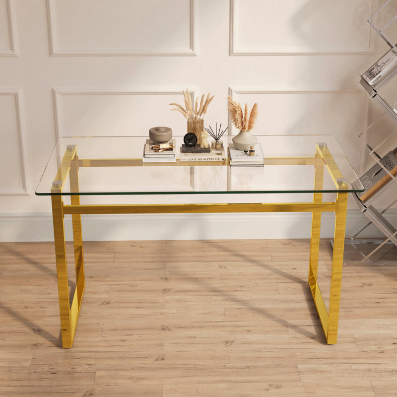 51" Modern Minimalist Rectangular Glass Dining Table 0.31" Tempered Glass Top Golden Chrome Metal Legs 4-6 Person, Gold