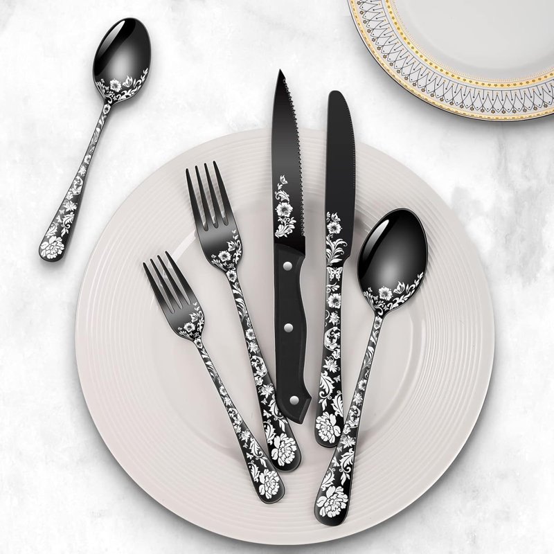 Ensemble de 48 couverts noirs avec couteau à steak, couverts noirs pour 8, ensemble de couverts en acier inoxydable comprenant des fourchettes, des cuillères, un motif unique