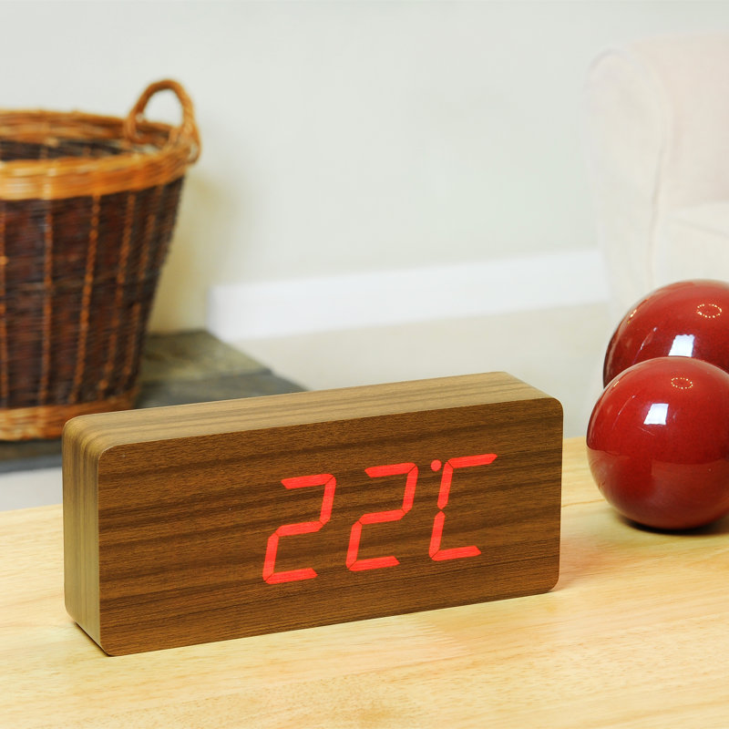 Sleek & Chic Modern Digital Wood Electric Alarm Tabletop Clock, Teak/Red
