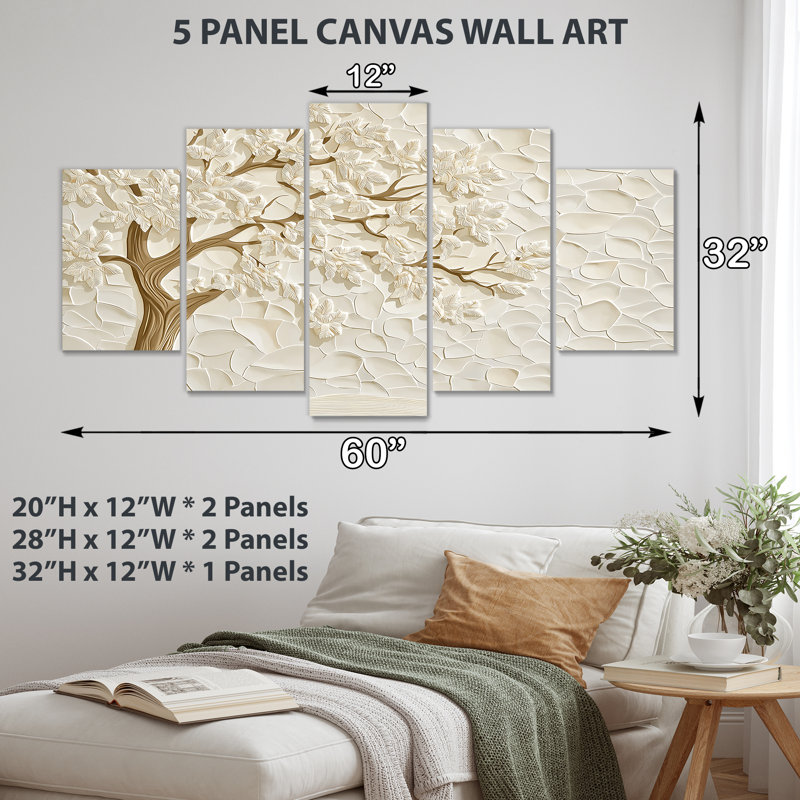 Ensemble de 5 pièces de décoration murale Beige Winter Tree In Gloden Wind I - Tree Hazel