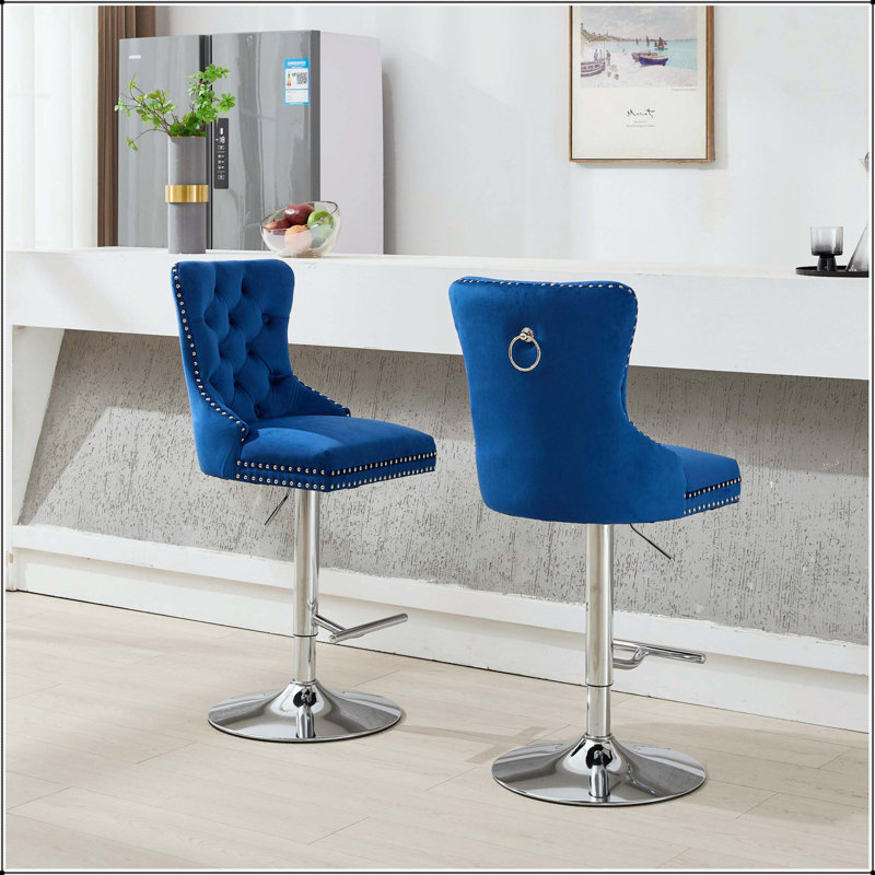 Tabouret de bar réglable en velours pivotant - Base chromée, Bleu