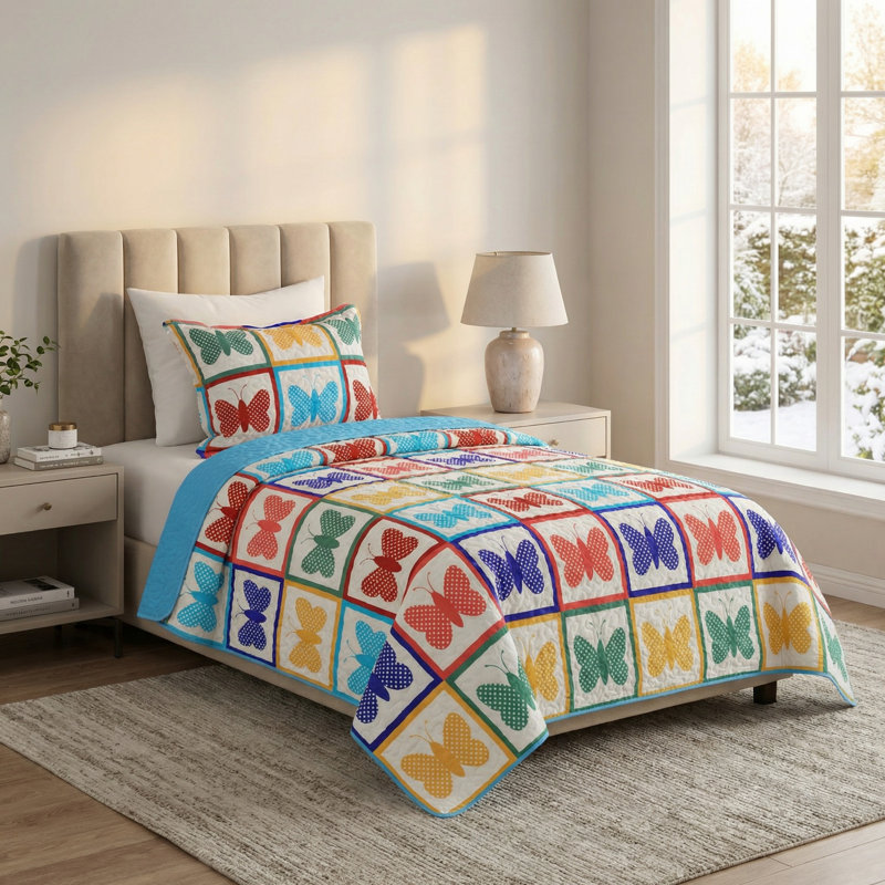 Ensemble de courtepointe 2 pièces Lavish Home - Couvre-lit simple et taie d'oreiller avec motif papillon coloré - Ensemble de literie pour courtepointe légère toutes saisons - Couvre-lit en microfibre douce (multicolore)