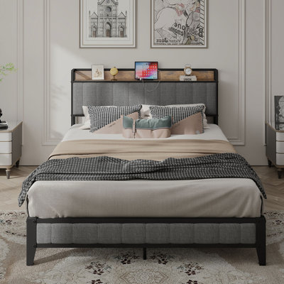 Full Size Bed Frame With Charging Station, Upholstered Headboard, Metal Platform, Grey
