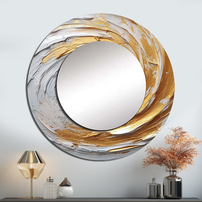 Or et crème Enchanted Whirls II - miroir décoratif à spirales abstraites, miroir mural rond moderne, impression sur métal