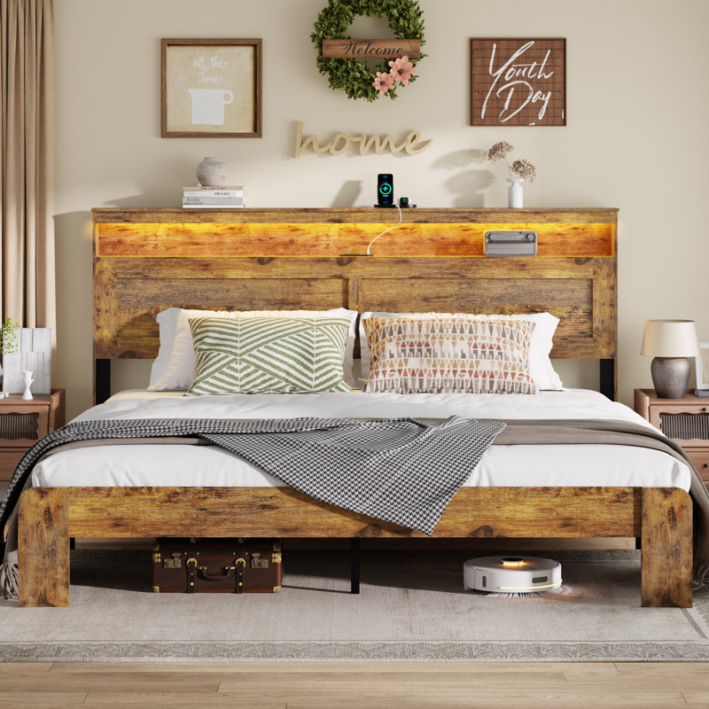 Wooden Farmhouse Bed Frame，Platform Bed Frame With Storage Headboard ，LED Light And Charging Station，Rustic Brown，King Size