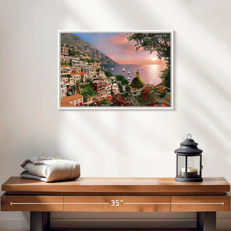 Bord de mer Positano, 19 po x 13 po, Cadre flottant blanc
