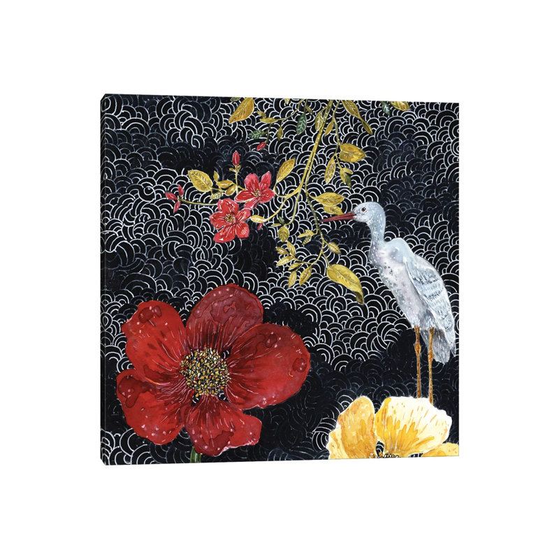 Heron With Red Flower by Miri Eshet - Painting on Canvas, 93.98 cm H x 93.98 cm W x 3.175 cm D, Wrapped Canvas