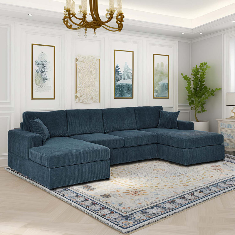 Canapé modulaire rembourré 3 pièces Loette, Velours côtelé bleu, 33'' H X 120'' W X 60.5'' D 