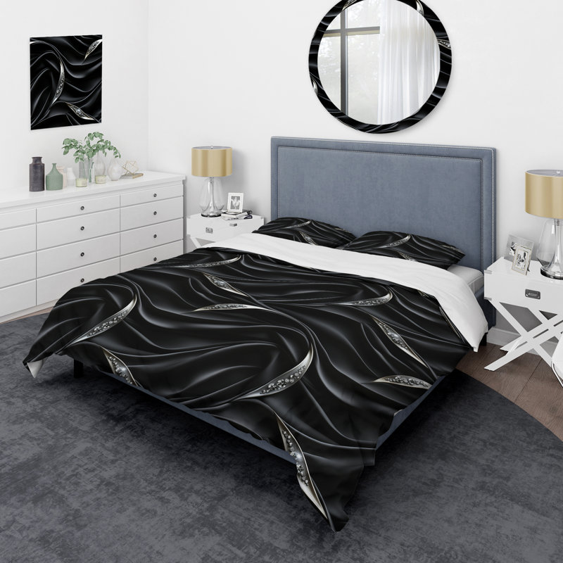 Deep Black Silver Elegance - Ensemble de housse de couette abstrait, Housse de couette simple + 1 taie décorative stan