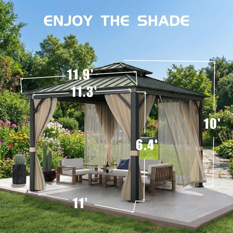 Gazebo Hardtop, with Nettings and Curtains, Khaki, 76.8 H" x 135.6" W x 135.6" D