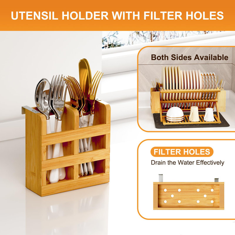 Bamboo Dish Drying Rack With Utensil Holder, 3 Tier Collapsible Dish Rack