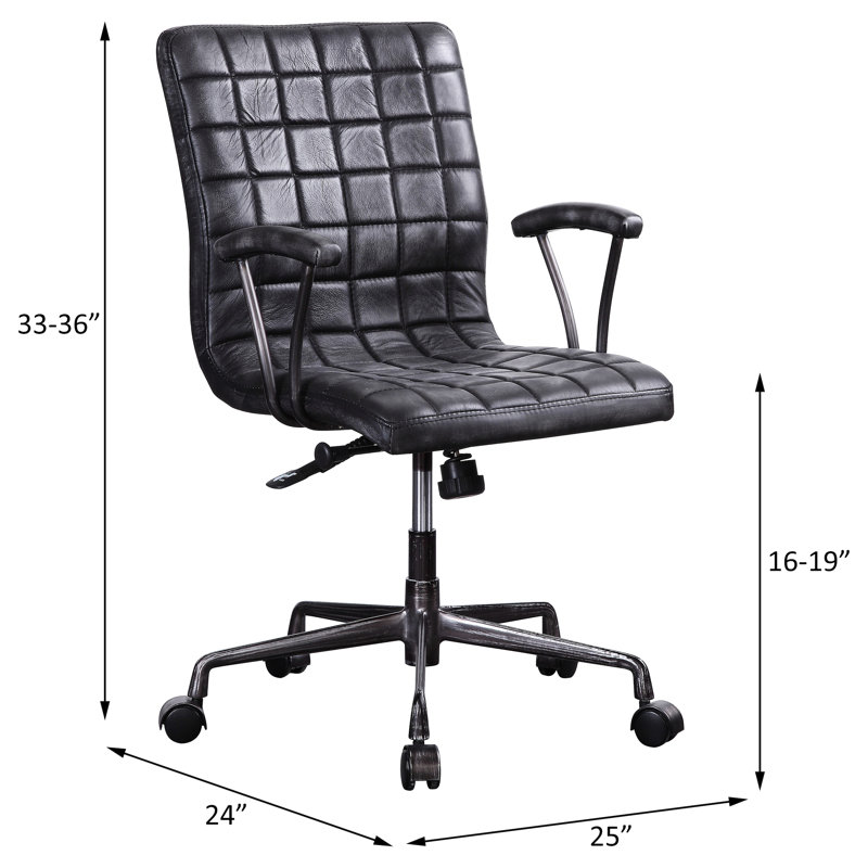 Chaise de bureau rétro en cuir noir et aluminium, siège pivotant à 360 degrés, relevage réglable, accoudoir à dossier rembourré avec support en métal, base à 5 branches, charge de 220 lb, profondeur de siège de 17 po, hauteur de 19 po à 19 po, hauteur de 24 po à 25 po
