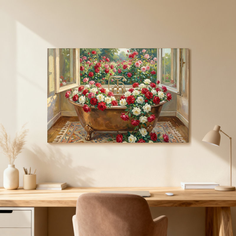 Scène de jardin romantique avec roses de bain romantiques, H 12 po x l 18 po, Cadre photo unique, Grain de bois clair
