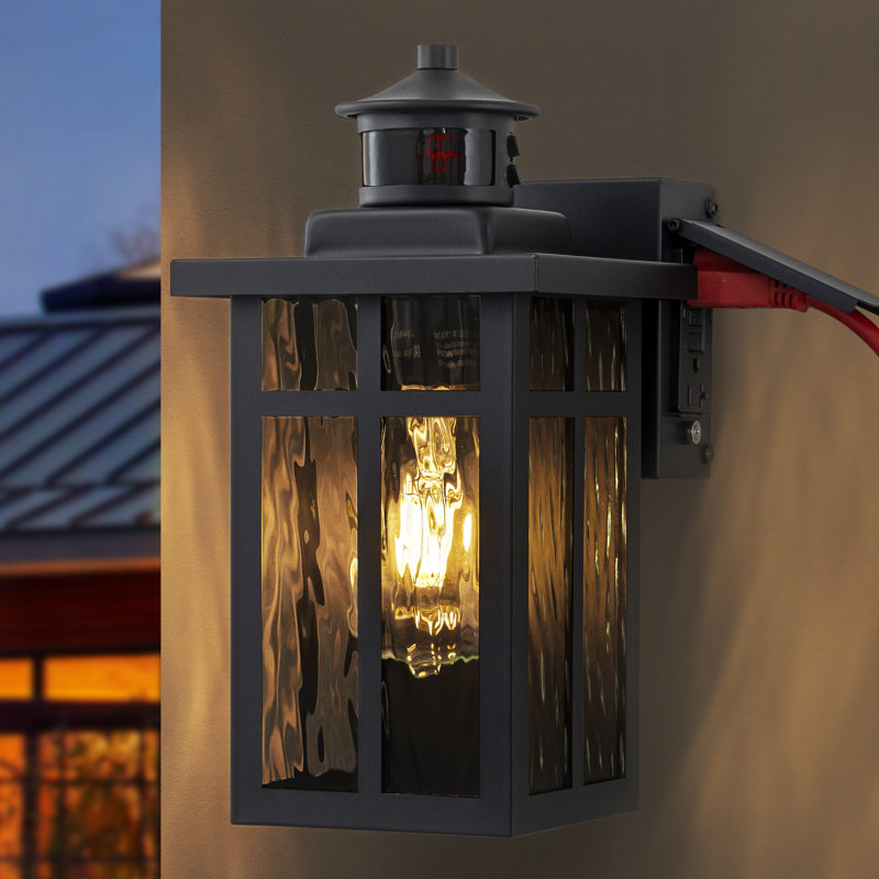 Black Motion Sensor Dusk To Dawn Outdoor Wall Lantern With Water Glass And Gfci Outlet