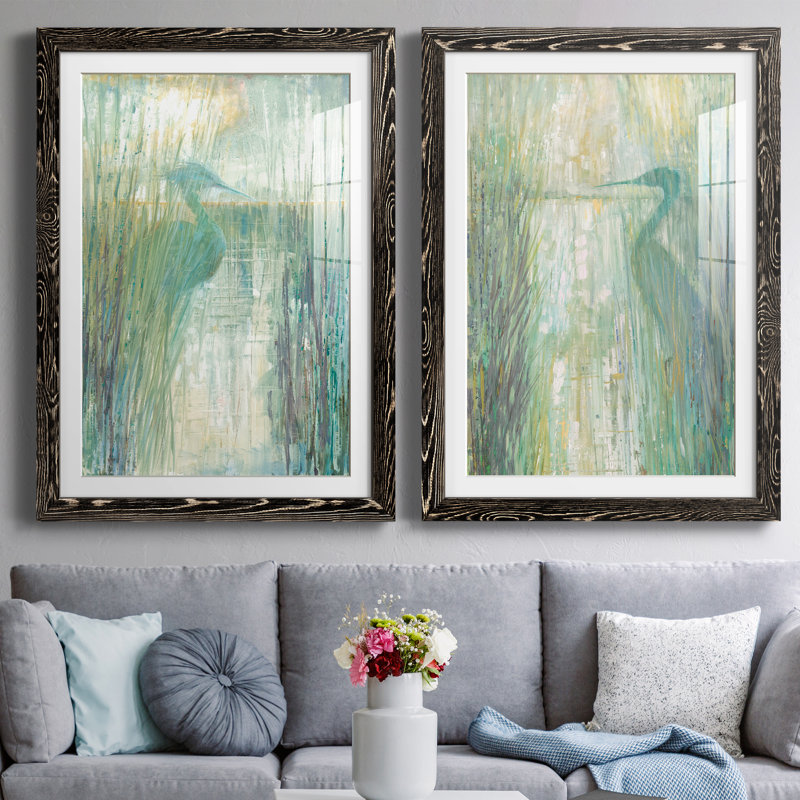 Morning Egret I - ensemble de 2 reproductions d'art, Papier encadré noir, H 37,5 po x l 55 po x P 1,5 po