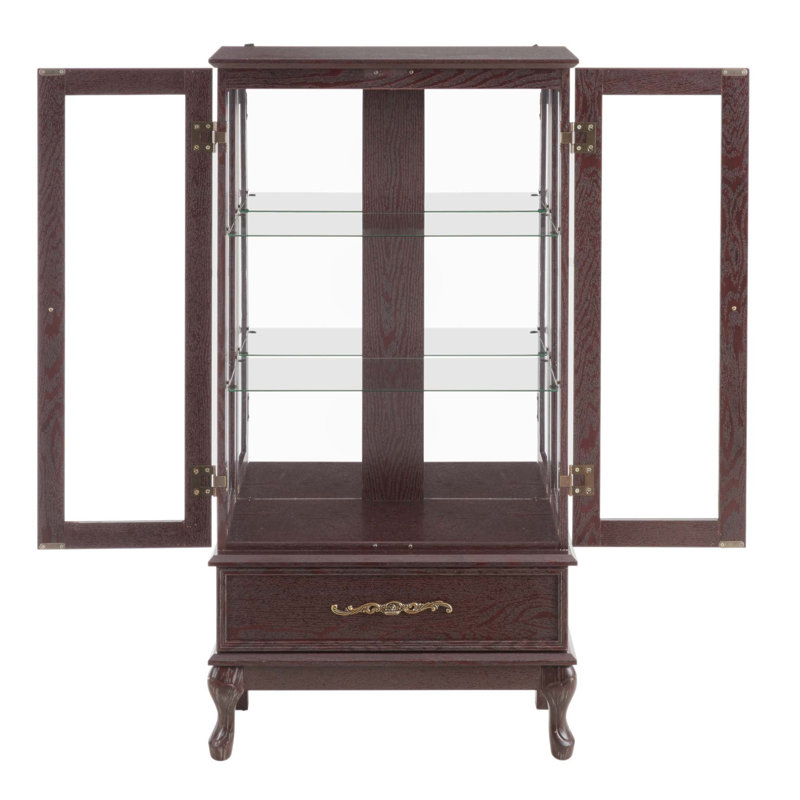 Élégante vitrine vitrée avec tablettes réglables, éclairage interne et tiroir rétro pour un rangement amélioré et un attrait esthétique