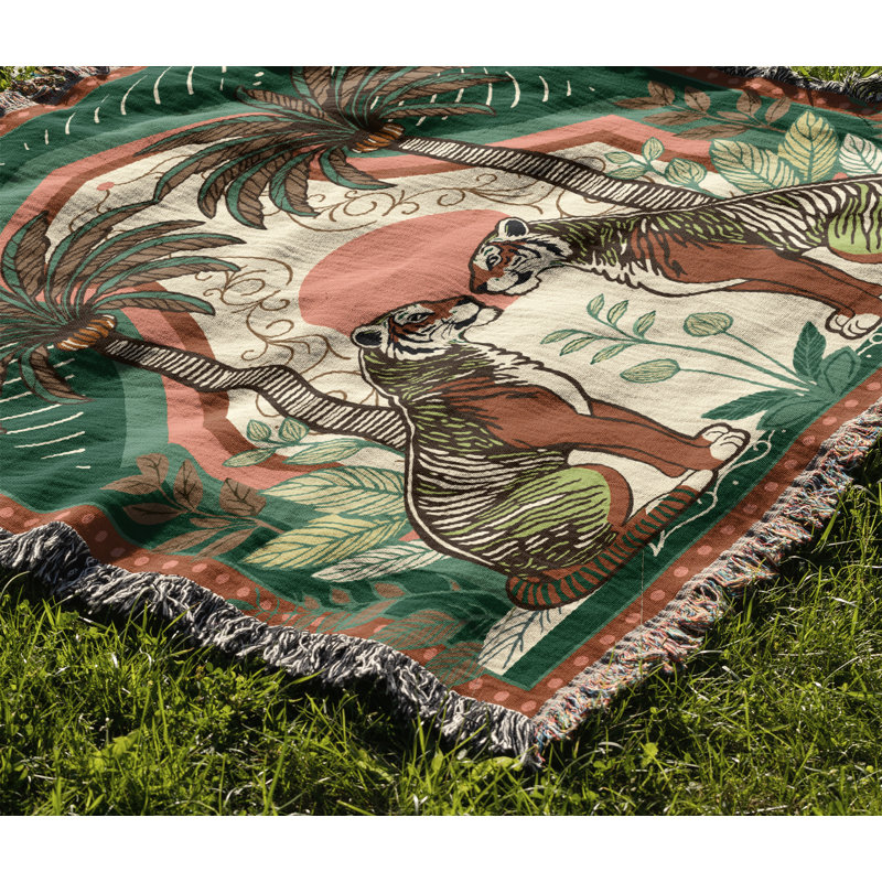 Jeté en mélange de coton Faya Tiger, Vert / Orange, L 70 po x l 50 po