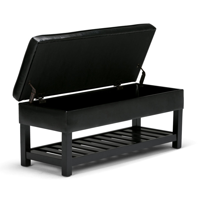 Cosmopolitan 44"W Vegan Leather Transitional Storage Ottoman Bench with Tufted Lift-Top and Open Shelf, Midnight Black