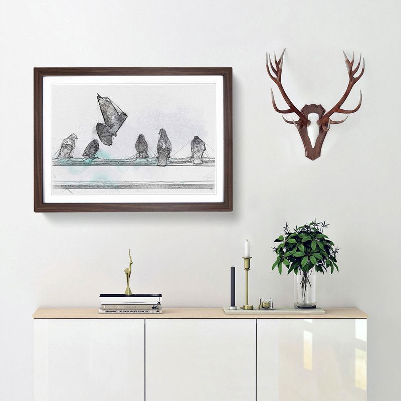 Pigeons - Picture Frame Graphic Art Print, Walnut Framed, 36cm H x 48cm W x 2cm D