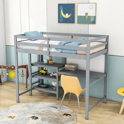 Lit mezzanine en bois pour enfants avec tablettes, bureau et tableau d'écriture