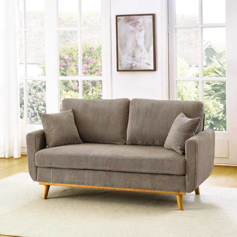 Causeuse en tissu avec accoudoirs et coussins décoratifs Corduroy, Velours côtelé chameau