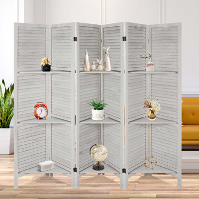 6 Panel Wood Room Divider Folding Privacy Screen Vintage White W/ Shelves