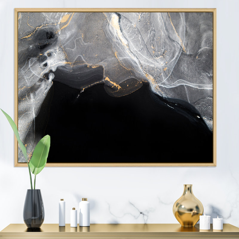 Marbre noir et gris Gloden, ondulations d'art II - œuvre d'art moderne sur toile, H 34 po x l 44 po x P 1,5 po
