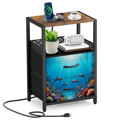 2 Fabric Drawers Night Stand with Charging Station Blue Beach Ocean Dolphin Underwater World Coral Fish Navy Bedroom Bedside Table End Table with Open Shelf USB Ports and Outlets