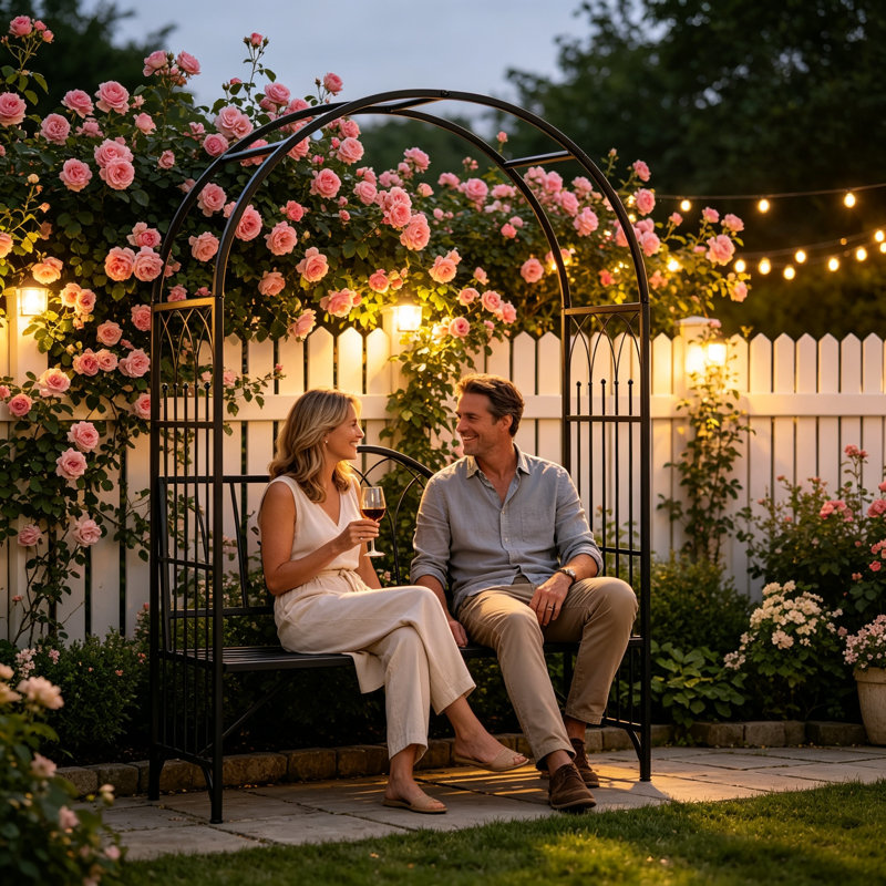 Arche de jardin en métal avec banc, treillis extérieur pour 2 personnes, idéal pour les plantes grimpantes, les vignes et les vignes, capacité de charge de 220 kg, noir