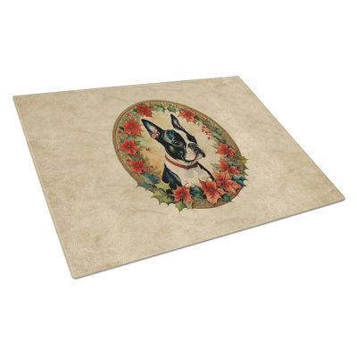 Boston Terrier Christmas Flowers Glass Cutting Board