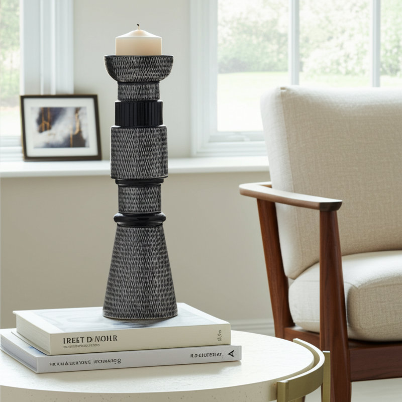 Pillar and Taper Candle Holder Stoneware and Ceramic Geometric Textured Pattern Blue and White Finish for Home Office Bedroom or Living Room Decor