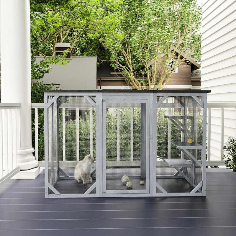 Enclos pour chat en bois pour plusieurs chats, toit et accès facile, l 31,5 po de large avec porte d'entrée, L 70,75 po