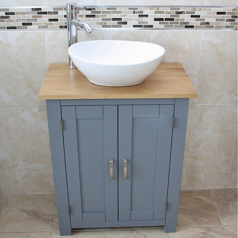 Worthland Solid Oak 650mm Free-Standing Vanity Unit with Countertop Ceramic Basin & Faucet