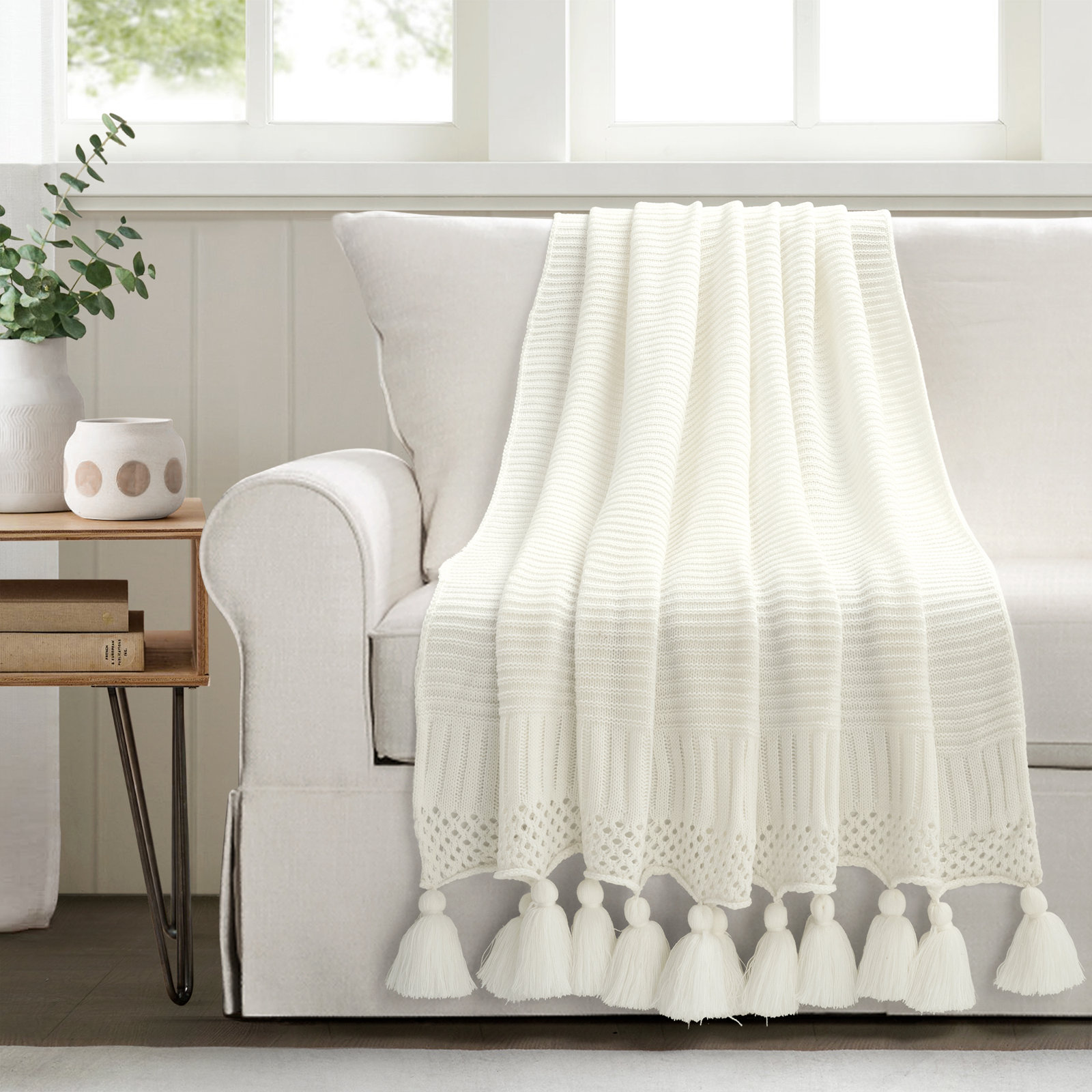 Shafira Plastic / Acrylic Knitted Throw Blanket, Ivory