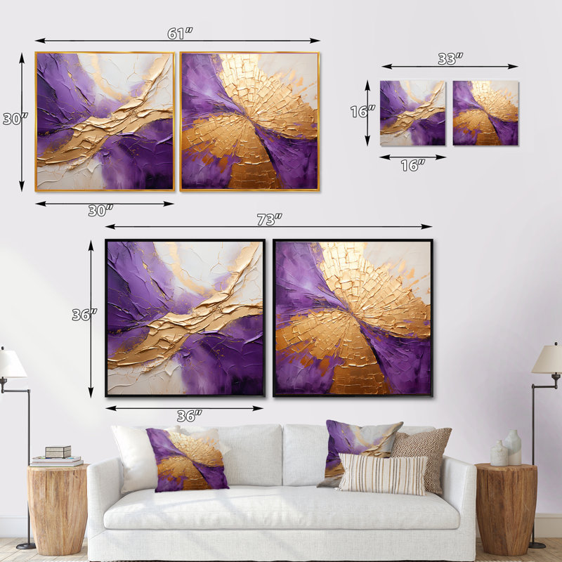 Or et mauve, ensemble de 2 collages carrés spirales abstraites, Cadre flottant doré, H 16 po x l 33 po