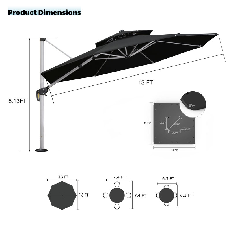 Parasol en porte-à-faux rond 13 pi avec base en acier Yomaira, noir, Noir