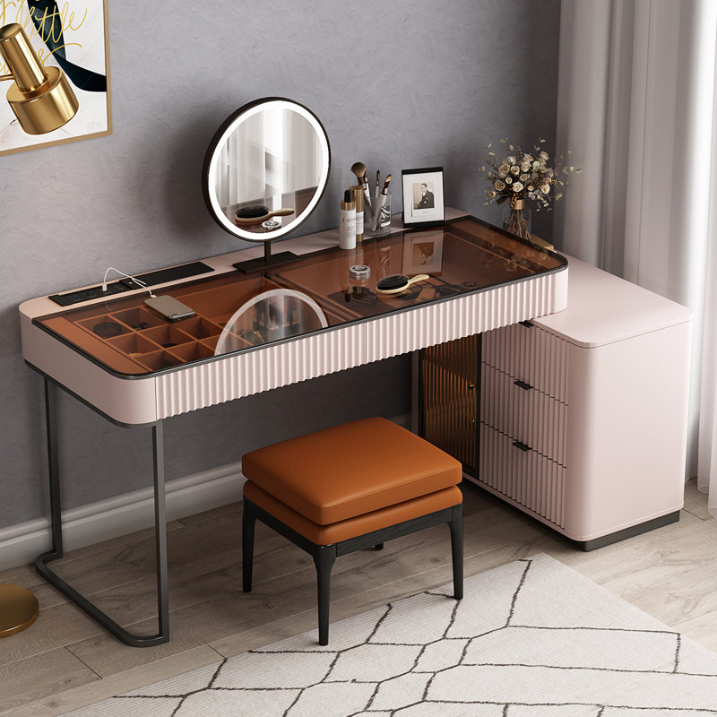 Dressing Table with Mirror, Pale Pink//Grey, 47" W x 23" D x 29.5" H