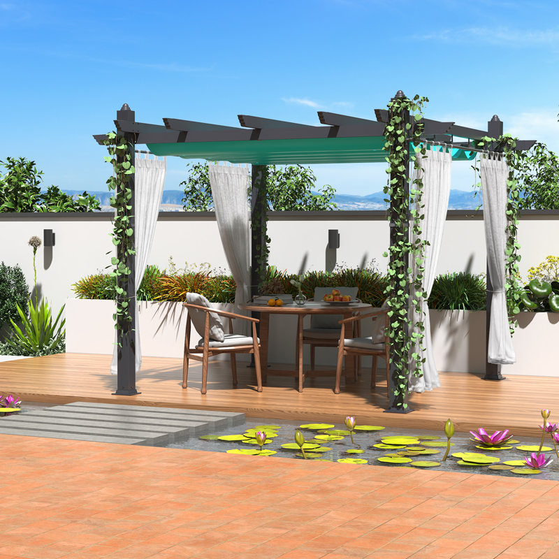 Pergola d'extérieur 10 x 10 pi avec rideaux bleus et rideaux bleus à mailles blanches avec auvent bleu réglable, Bleu