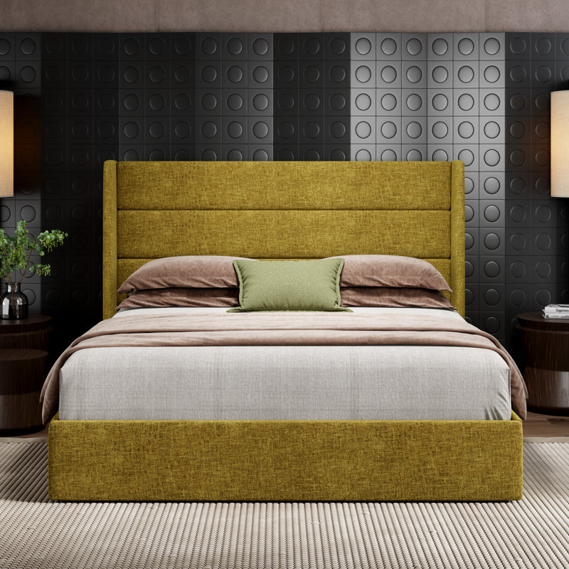 Lit plateforme tapissier avec rangement Bradenburg, Grand, Jaune